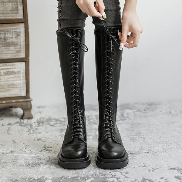 boots black thick bottom thin lace up high tube boot long knight boat women's 2021 autumn winter shoes for girl