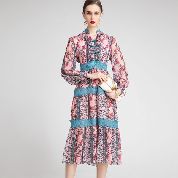 women's runway dress stand collar long sleeves vintage buttons printed lace patchwork casual dresses vestidos, Black
women's runway dress stand collar long sleeves vintage buttons printed lace patchwork casual dresses vestidos, Black