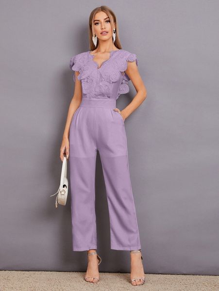 contrast lace scallop trim jumpsuit k9zj#, White