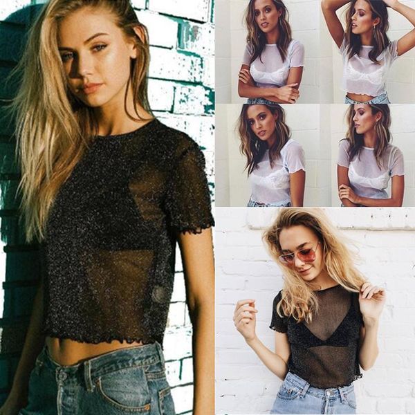 women's t-shirt european and american fashion short-sleeved tulle bright silk gauze, White
women's t-shirt european and american fashion short-sleeved tulle bright silk gauze, White