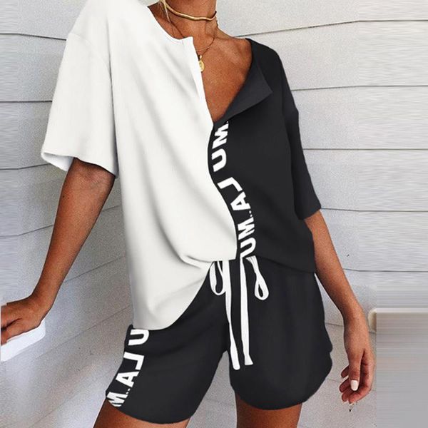 women's tracksuits summer fashion pajamas v-neck short sleeve tracksuit print splicing sleepwear 2 piece sets womens outfits, Gray
women's tracksuits summer fashion pajamas v-neck short sleeve tracksuit print splicing sleepwear 2 piece sets womens outfits, Gray
