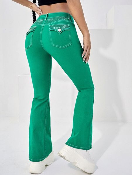 rhinestone beaded detail bootcut jeans 74jt#, Blue