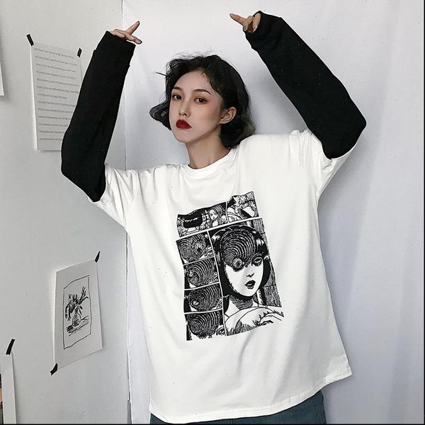 womens paris girl harajuku t shirt women fake 2 pieces print japanese fujiang horror comics long sleeve vetement femme, White 
womens paris girl harajuku t shirt women fake 2 pieces print japanese fujiang horror comics long sleeve vetement femme, White