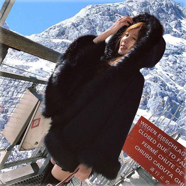 women's fur & faux korean plus size loose bat type hooded shawl cloak women outwear winter thick warm soft woolen jacket, Black
women's fur & faux korean plus size loose bat type hooded shawl cloak women outwear winter thick warm soft woolen jacket, Black