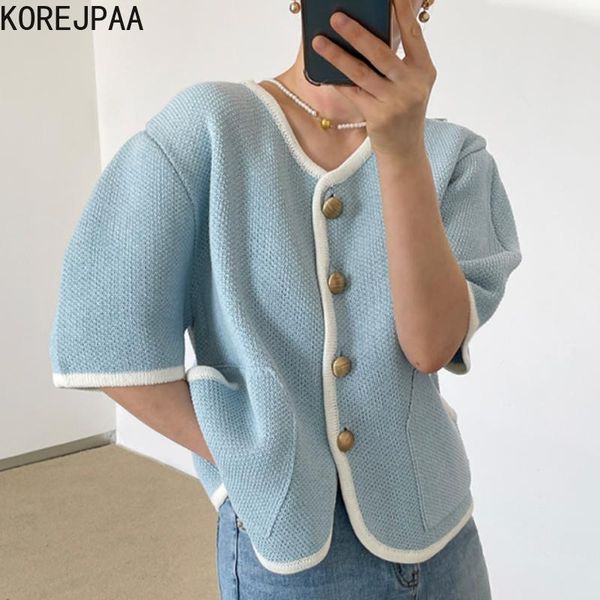 korejpaa women jackets 2021 summer french style v-neck trim contrast color chic button double pockets puff sleeve knitted jacket women', Black;brown
korejpaa women jackets 2021 summer french style v-neck trim contrast color chic button double pockets puff sleeve knitted jacket women', Black;brown