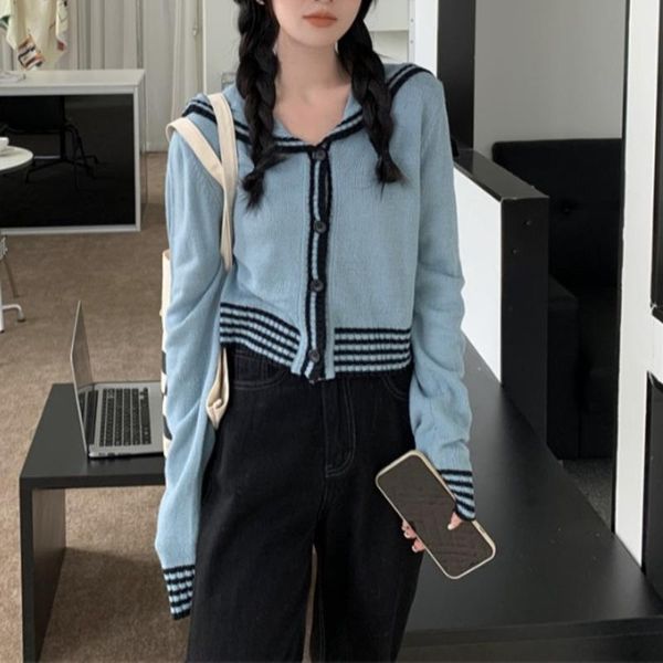 women's knits & tees college style aging contrast navy collar knitted cardigan autumn design short sweater women, White
women's knits & tees college style aging contrast navy collar knitted cardigan autumn design short sweater women, White
