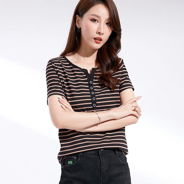 women's t-shirt summer korean style v-neck short sleeved female stripes slim t shirts cotton large size women clothes ae0014, White
women's t-shirt summer korean style v-neck short sleeved female stripes slim t shirts cotton large size women clothes ae0014, White