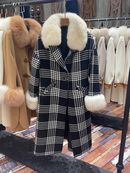 women's wool & blends 2021 fashion female plaid woolen long winter overcoat fur collar and cuff women slim belt coat, Black
women's wool & blends 2021 fashion female plaid woolen long winter overcoat fur collar and cuff women slim belt coat, Black