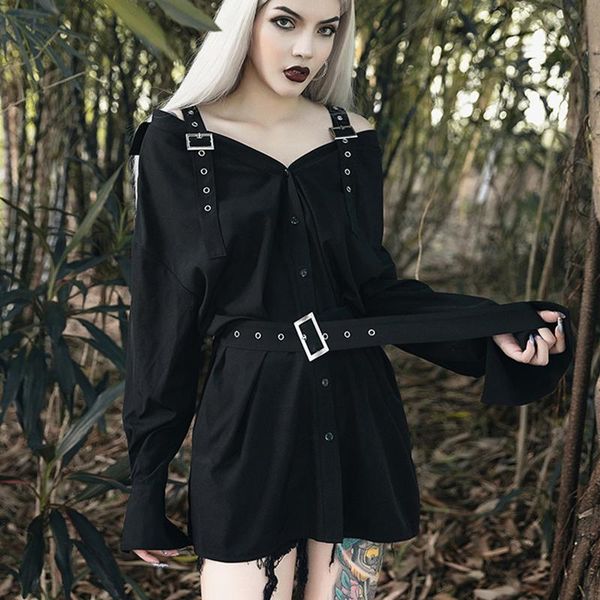 kalenmos off shoulder mini dress gothic streetwear loose black retro casual long sleeve with belt female punk vestido dresses, Black;gray
kalenmos off shoulder mini dress gothic streetwear loose black retro casual long sleeve with belt female punk vestido dresses, Black;gray