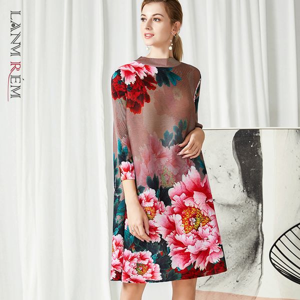 half high collar printing flower pleated dress for woman spring summer vintage three quarter sleeve yh717 210507, Black;gray
half high collar printing flower pleated dress for woman spring summer vintage three quarter sleeve yh717 210507, Black;gray