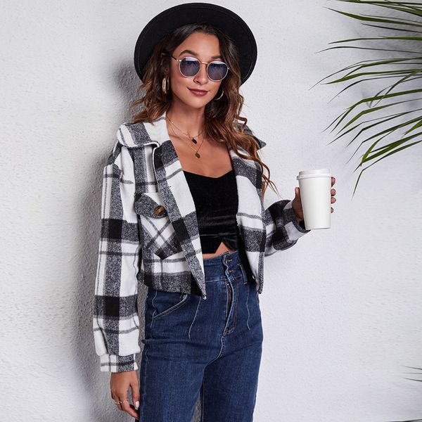 black-white women's jackets plaid lantern sleeve long sleeve short tweed jacket, Black;brown
black-white women's jackets plaid lantern sleeve long sleeve short tweed jacket, Black;brown