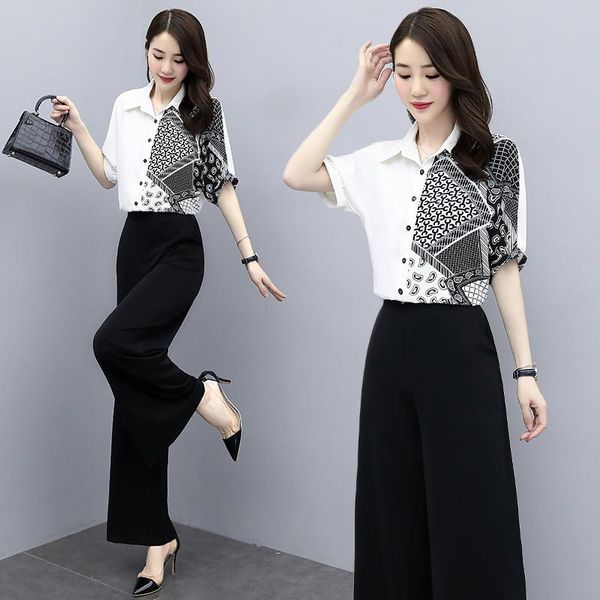 women's two piece pants 2021 summer women set shirt and wide leg trousers suits office lady printed sets, White
women's two piece pants 2021 summer women set shirt and wide leg trousers suits office lady printed sets, White