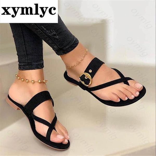 women summer slippers fashion buckle flip flops solid shoes casual flats beach ladies plus size, Black