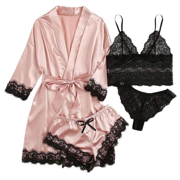 women's sleepwear 4pc women pajamas pure color silk robe sets for lace garter lingerie set pijama mujer, Black;red
women's sleepwear 4pc women pajamas pure color silk robe sets for lace garter lingerie set pijama mujer, Black;red