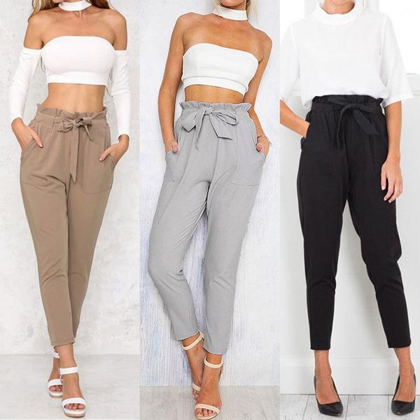 women's pants & capris 2021 brand ladies high waist casual drawstring elastic long pencil trousers office lady s-xl, Black;white 
women's pants & capris 2021 brand ladies high waist casual drawstring elastic long pencil trousers office lady s-xl, Black;white