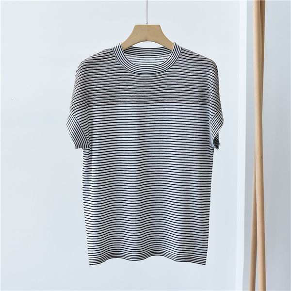 sweater striped high-end heavy craft silk and linen knitting thin round neck short sleeve women summer style 5ema, White;black
sweater striped high-end heavy craft silk and linen knitting thin round neck short sleeve women summer style 5ema, White;black