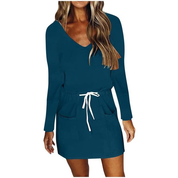 casual dresses fashion for women 2021 v-neck long sleeve bandage draw back solid loose mini dress vestidos de mujer, Black;gray 
casual dresses fashion for women 2021 v-neck long sleeve bandage draw back solid loose mini dress vestidos de mujer, Black;gray
