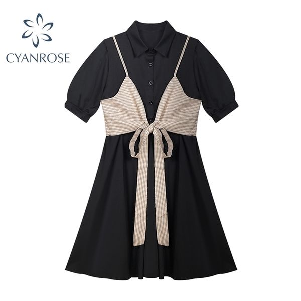 women plaid bow lantern short sleeve elegant dress summer preppy style korean vintage fake two piece lady shirt 210515, Black;gray
women plaid bow lantern short sleeve elegant dress summer preppy style korean vintage fake two piece lady shirt 210515, Black;gray