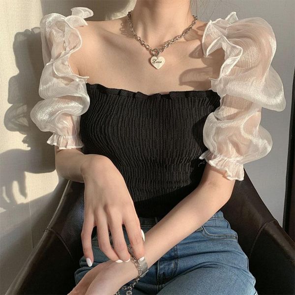 women's t-shirt 2021 ladies fashion pretty organza puff sleeve knitting off-shoulder slim ribbed ins mid-sleeve tee summer, White
women's t-shirt 2021 ladies fashion pretty organza puff sleeve knitting off-shoulder slim ribbed ins mid-sleeve tee summer, White