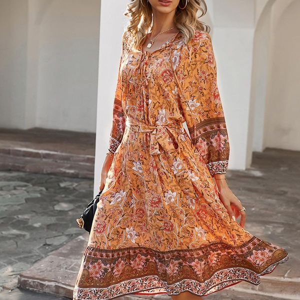 casual dresses vintage with sashes long sleeve floral dress women print autumn a line ruffles midi waist beach, Black;gray 
casual dresses vintage with sashes long sleeve floral dress women print autumn a line ruffles midi waist beach, Black;gray