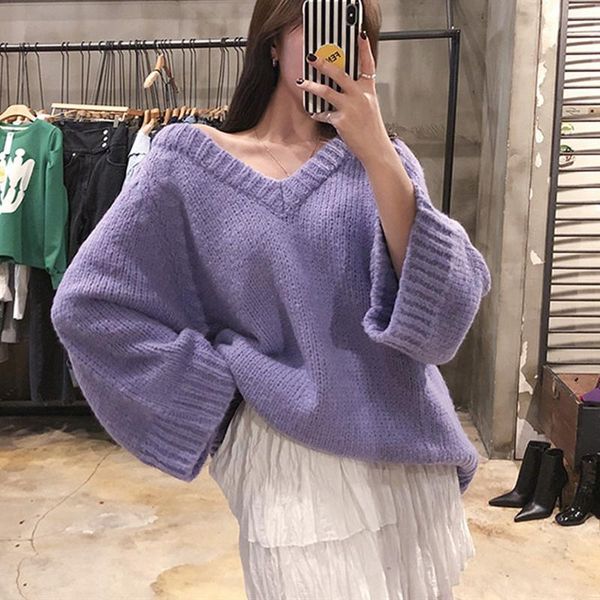 women's sweaters yamdi 2021 spring winter loose sweater v neck knitted jumper female batwing sleeve korean solid chic women woman femm, White;black
women's sweaters yamdi 2021 spring winter loose sweater v neck knitted jumper female batwing sleeve korean solid chic women woman femm, White;black