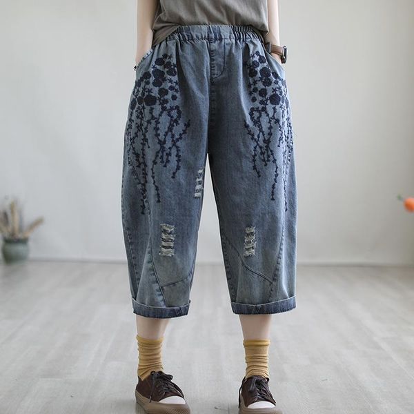 women's jeans fairynatural european fashion summer design female ripped holes women elastic waist retro denim pants loose harem trouser, Blue
women's jeans fairynatural european fashion summer design female ripped holes women elastic waist retro denim pants loose harem trouser, Blue