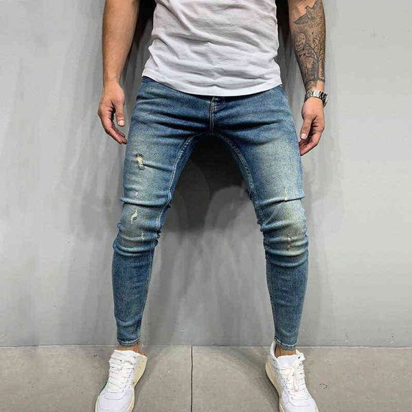 men's jeans jeans elastic casual dark blue hole slim fit men's denim pants