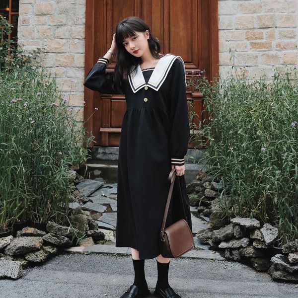 casual dresses magogo navy collar black dress female korean loose waist slimming japanese college style long, Black;gray
casual dresses magogo navy collar black dress female korean loose waist slimming japanese college style long, Black;gray