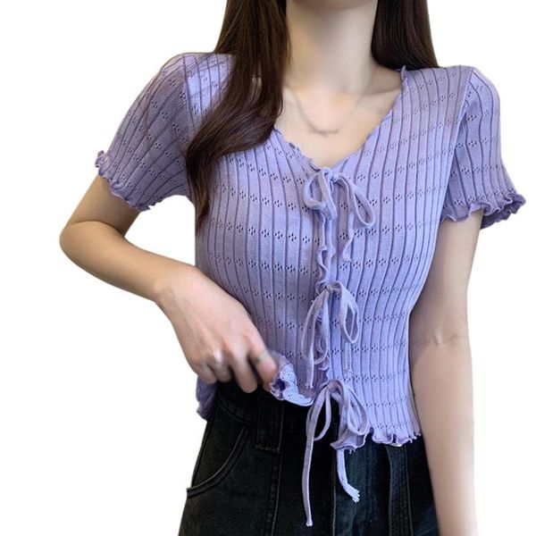 women's t-shirt fashion v-neck bandage exposed navel thin knitted shirt short sleeved, White
women's t-shirt fashion v-neck bandage exposed navel thin knitted shirt short sleeved, White