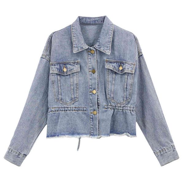 women blue denim jacket pocket drawstring button long sleeves turn down collar loose jean korean version c0207 210514, Black;brown
women blue denim jacket pocket drawstring button long sleeves turn down collar loose jean korean version c0207 210514, Black;brown