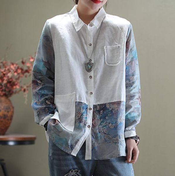 women's blouses & shirts spring print women color patchwork pockets loose turn-down collar full sleeve female vintage fashion tide, White
women's blouses & shirts spring print women color patchwork pockets loose turn-down collar full sleeve female vintage fashion tide, White