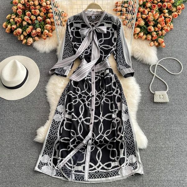 casual dresses yizzhoy summer elegant bow temperament seven sleeve print medium long waist closing highend french dress, Black;gray
casual dresses yizzhoy summer elegant bow temperament seven sleeve print medium long waist closing highend french dress, Black;gray