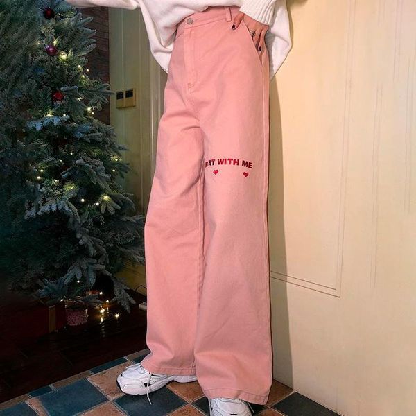 women's pants & capris 2021 spring and summer korean pink love embroidery casual straight trousers high waist slim jeans women loose, Black;white
women's pants & capris 2021 spring and summer korean pink love embroidery casual straight trousers high waist slim jeans women loose, Black;white