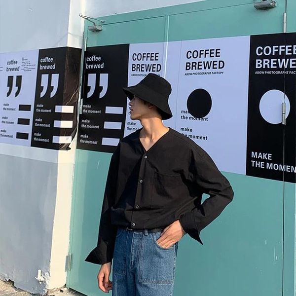 men's casual shirts men long sleeve v-neck loose black white shirt male japan style vintage hip hop fashion dress, White;black
men's casual shirts men long sleeve v-neck loose black white shirt male japan style vintage hip hop fashion dress, White;black