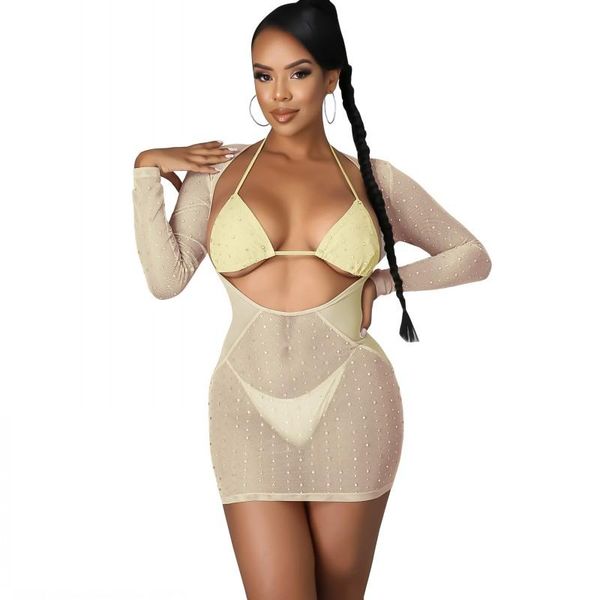 women's swimwear bikini cover up set women bra panties and short dress with diamonds summer mesh beach swimsuit 2021, White;black
women's swimwear bikini cover up set women bra panties and short dress with diamonds summer mesh beach swimsuit 2021, White;black