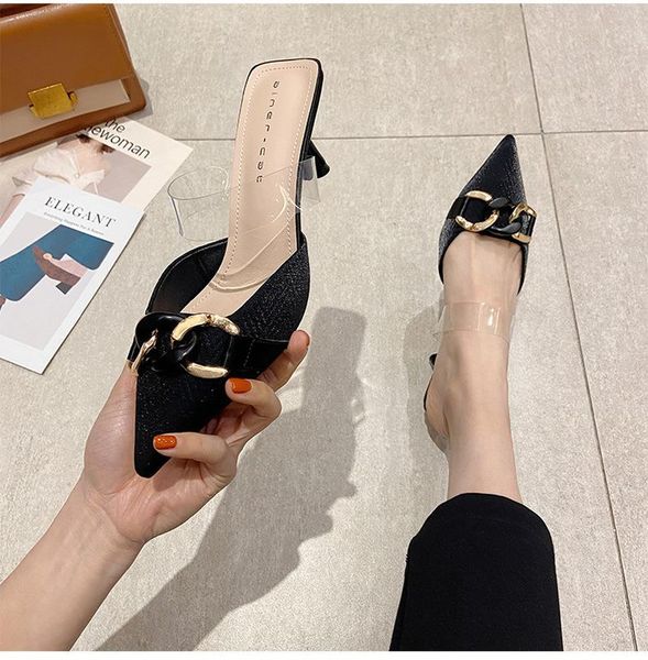 slippers 2021 autumn woman office chic chain mules shoes elegant pvc strap high heels summer sandals bota feminina, Black
slippers 2021 autumn woman office chic chain mules shoes elegant pvc strap high heels summer sandals bota feminina, Black