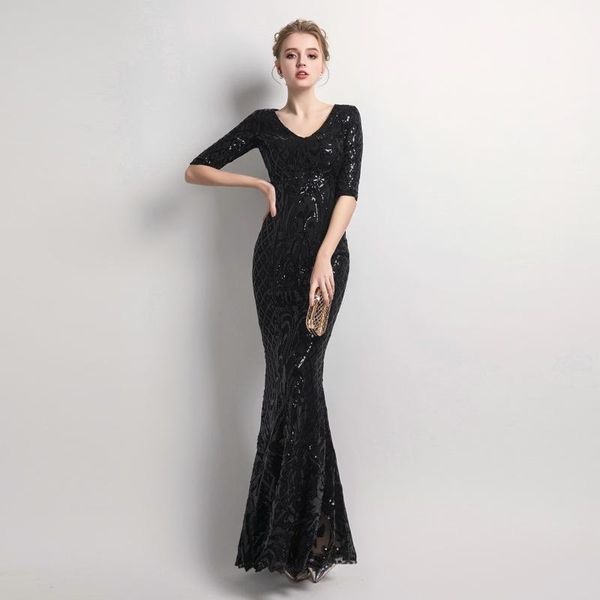 party dresses 2021 long lace half sleeve evening dress for wedding v neck sequins appliques vestido de festa, White;black
party dresses 2021 long lace half sleeve evening dress for wedding v neck sequins appliques vestido de festa, White;black