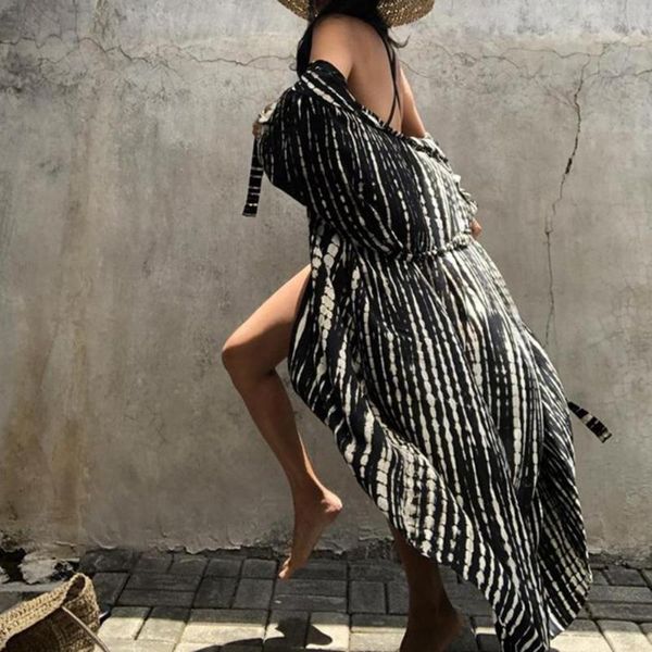 women's swimwear overcoat tie-dyed boho striped ladies black white long cardigan for beach cover-up, White;black
women's swimwear overcoat tie-dyed boho striped ladies black white long cardigan for beach cover-up, White;black