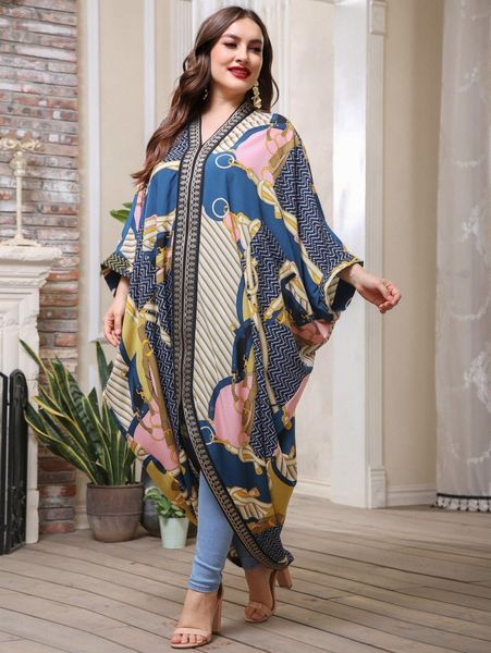 plus chevron and chain print kaftan dress o93j#, Black