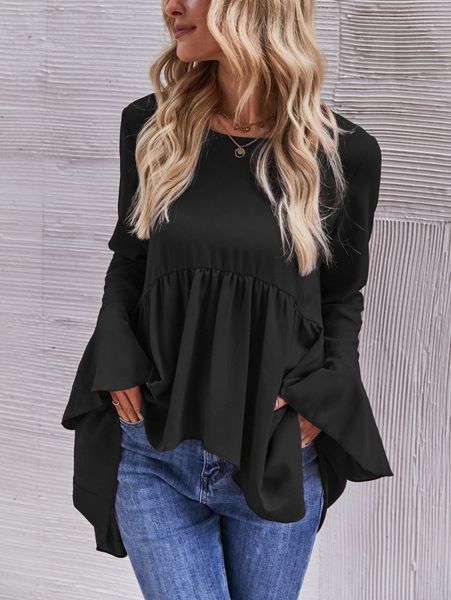 flounce sleeve high low peplum blouse h9tx#, White 
flounce sleeve high low peplum blouse h9tx#, White