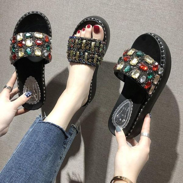 women slippers glittering gemstone beach 6cm platform high heel sandals 2021 summer shoes, Black