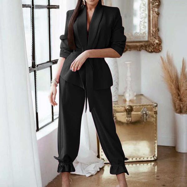 women's solid suits lace-up long sleeve ruffle loose drawstring pants office ladies 2 piece sets elegant casual summer 210930, White
women's solid suits lace-up long sleeve ruffle loose drawstring pants office ladies 2 piece sets elegant casual summer 210930, White