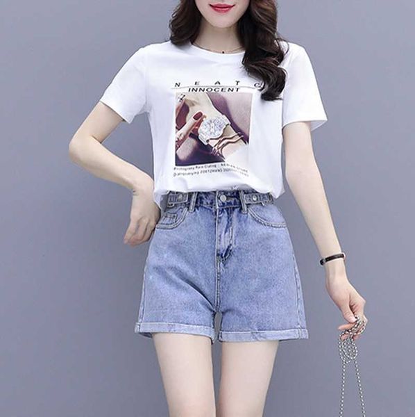 summer fashion casual women print short sleeve t shirt + denim shorts 2pcs sets 210531, White
summer fashion casual women print short sleeve t shirt + denim shorts 2pcs sets 210531, White