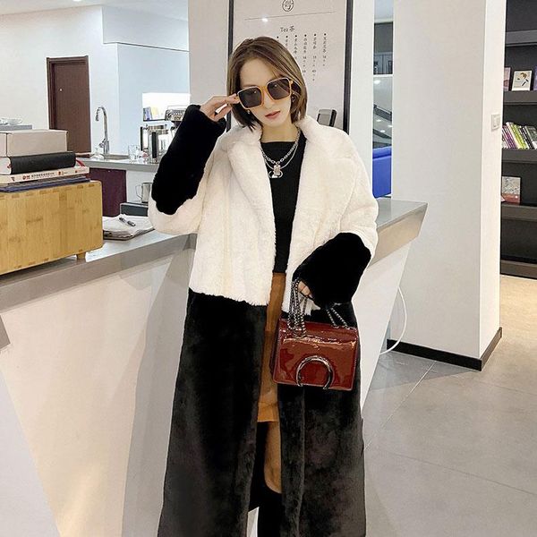 women's fur & faux jacket winter woman coats stitching color female coat hairy straight slim long with lapel collar, Black
women's fur & faux jacket winter woman coats stitching color female coat hairy straight slim long with lapel collar, Black