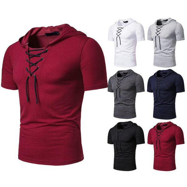 new men's hooded european size short sleeve t-shirt with loose shoelaces, White;black
new men's hooded european size short sleeve t-shirt with loose shoelaces, White;black