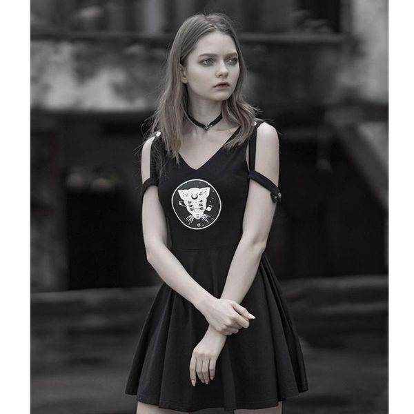 summer punk dark street style dress cool cat printed japanese sleeveless mini v-neck pleated black casual dresses, Black;gray
summer punk dark street style dress cool cat printed japanese sleeveless mini v-neck pleated black casual dresses, Black;gray