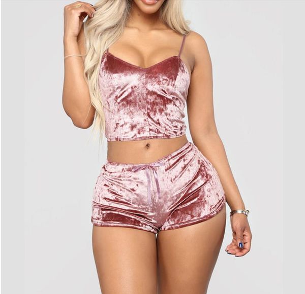 fashion ladies 2pcs velvet sleepwear sets spaghetti strap shorts pajamas women pajama, Black;red 
fashion ladies 2pcs velvet sleepwear sets spaghetti strap shorts pajamas women pajama, Black;red
