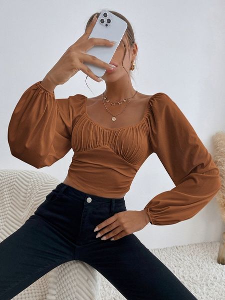 sweetheart neck lantern sleeve crop s8qi#, White
