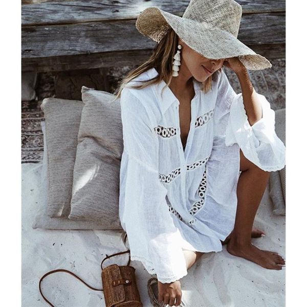 women's swimwear women summer hollow long sleeves cover up mini dress beach holiday buttoned down shirt for, White;black
women's swimwear women summer hollow long sleeves cover up mini dress beach holiday buttoned down shirt for, White;black