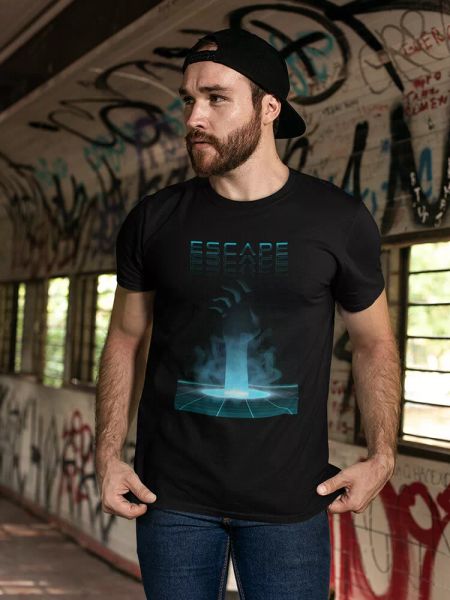 retrofuturistic escape quote tee men's -image by shutterstock, White;black
retrofuturistic escape quote tee men's -image by shutterstock, White;black